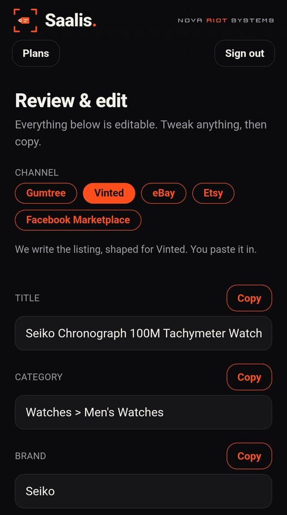 Saalis review screen: the listing shaped into the chosen marketplace's fields